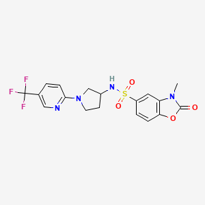 molecular formula C18H17F3N4O4S B2480422 3-methyl-2-oxo-N-(1-(5-(trifluoromethyl)pyridin-2-yl)pyrrolidin-3-yl)-2,3-dihydrobenzo[d]oxazole-5-sulfonamide CAS No. 1788677-21-3