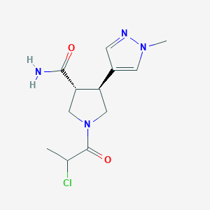 molecular formula C12H17ClN4O2 B2480433 (3R,4S)-1-(2-Chloropropanoyl)-4-(1-methylpyrazol-4-yl)pyrrolidine-3-carboxamide CAS No. 2411183-95-2