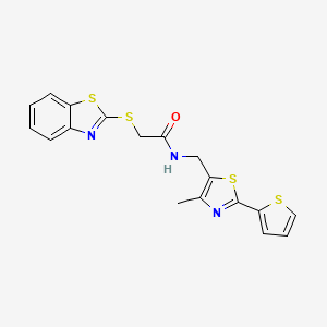 molecular formula C18H15N3OS4 B2480452 2-(benzo[d]thiazol-2-ylthio)-N-((4-methyl-2-(thiophen-2-yl)thiazol-5-yl)methyl)acetamide CAS No. 1421526-51-3