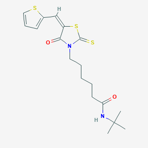 molecular formula C18H24N2O2S3 B2480459 (E)-N-(tert-butyl)-6-(4-oxo-5-(thiophen-2-ylmethylene)-2-thioxothiazolidin-3-yl)hexanamide CAS No. 613225-29-9