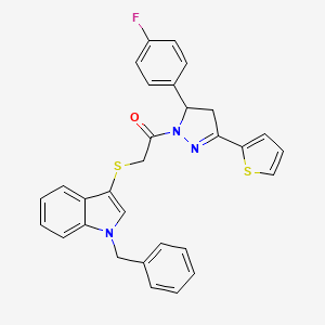molecular formula C30H24FN3OS2 B2480462 2-((1-benzyl-1H-indol-3-yl)thio)-1-(5-(4-fluorophenyl)-3-(thiophen-2-yl)-4,5-dihydro-1H-pyrazol-1-yl)ethanone CAS No. 681273-84-7