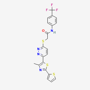 molecular formula C21H15F3N4OS3 B2480485 2-((6-(4-甲基-2-(噻吩-2-基)噻唑-5-基)吡啶并[1,2,4]三唑[4,3-a]吡啶-3-基)硫基)-N-(4-(三氟甲基)苯基)乙酰胺 CAS No. 923202-70-4