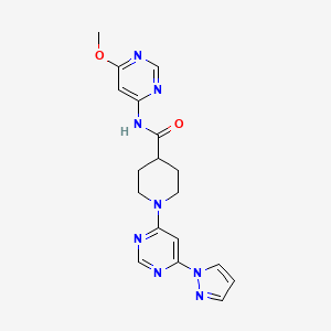 molecular formula C18H20N8O2 B2480670 1-(6-(1H-吡唑-1-基)嘧啶-4-基)-N-(6-甲氧嘧啶-4-基)哌啶-4-甲酰胺 CAS No. 1396768-08-3