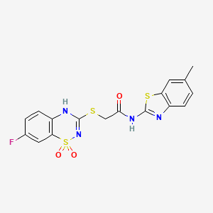 molecular formula C17H13FN4O3S3 B2480677 2-((7-fluoro-1,1-dioxido-4H-benzo[e][1,2,4]thiadiazin-3-yl)thio)-N-(6-methylbenzo[d]thiazol-2-yl)acetamide CAS No. 886956-73-6