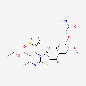 molecular formula C24H23N3O6S2 B2480711 (E)-ethyl 2-(4-(2-amino-2-oxoethoxy)-3-methoxybenzylidene)-7-methyl-3-oxo-5-(thiophen-2-yl)-3,5-dihydro-2H-thiazolo[3,2-a]pyrimidine-6-carboxylate CAS No. 627039-16-1