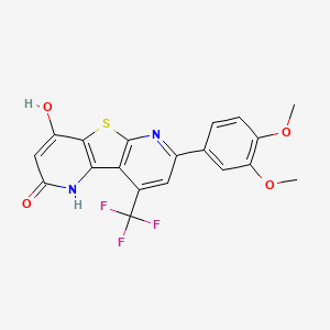 molecular formula C19H13F3N2O4S B2480750 11-(3,4-Dimethoxyphenyl)-6-hydroxy-13-(trifluoromethyl)-8-thia-3,10-diazatricyclo[7.4.0.0^{2,7}]trideca-1(9),2(7),5,10,12-pentaen-4-one CAS No. 924845-19-2
