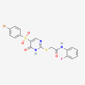 molecular formula C18H13BrFN3O4S2 B2480761 乙酸(2-{5-[(4-溴苯基)磺酰]-6-氧代-1,6-二氢嘧啶-2-基}硫代)-N-(2-氟苯基)乙酰胺 CAS No. 904581-23-3