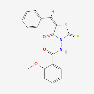 molecular formula C18H14N2O3S2 B2480770 (E)-N-(5-Benzyliden-4-oxo-2-thioxothiazolidin-3-yl)-2-methoxybenzamid CAS No. 305377-36-0