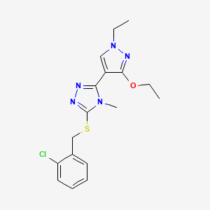 molecular formula C17H20ClN5OS B2480782 3-((2-chlorobenzyl)thio)-5-(3-ethoxy-1-ethyl-1H-pyrazol-4-yl)-4-methyl-4H-1,2,4-triazole CAS No. 1013778-08-9