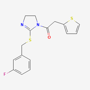 molecular formula C16H15FN2OS2 B2480798 1-[2-[(3-Fluorophenyl)methylsulfanyl]-4,5-dihydroimidazol-1-yl]-2-thiophen-2-ylethanone CAS No. 851865-36-6