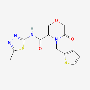 molecular formula C13H14N4O3S2 B2480825 N-(5-methyl-1,3,4-thiadiazol-2-yl)-5-oxo-4-(thiophen-2-ylmethyl)morpholine-3-carboxamide CAS No. 1421441-84-0