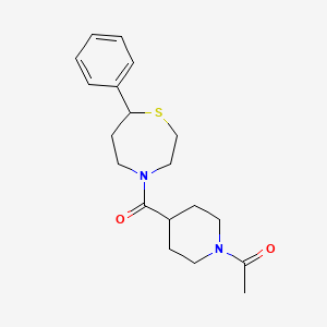 molecular formula C19H26N2O2S B2480840 1-(4-(7-Phenyl-1,4-thiazepane-4-carbonyl)piperidin-1-yl)ethanone CAS No. 1706089-41-9