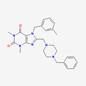 molecular formula C27H32N6O2 B2480861 8-[(4-Benzylpiperazin-1-yl)methyl]-1,3-dimethyl-7-[(3-methylphenyl)methyl]purine-2,6-dione CAS No. 851938-80-2
