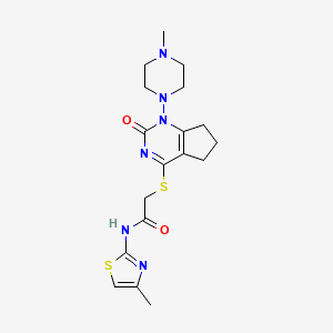 molecular formula C18H24N6O2S2 B2480897 2-((1-(4-methylpiperazin-1-yl)-2-oxo-2,5,6,7-tetrahydro-1H-cyclopenta[d]pyrimidin-4-yl)thio)-N-(4-methylthiazol-2-yl)acetamide CAS No. 899755-77-2