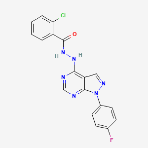 molecular formula C18H12ClFN6O B2480905 2-chloro-N'-(1-(4-fluorophenyl)-1H-pyrazolo[3,4-d]pyrimidin-4-yl)benzohydrazide CAS No. 881073-39-8
