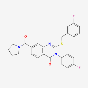 molecular formula C26H21F2N3O2S B2480918 2-((3-fluorobenzyl)thio)-3-(4-fluorophenyl)-7-(pyrrolidine-1-carbonyl)quinazolin-4(3H)-one CAS No. 1115452-73-7