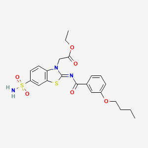 molecular formula C22H25N3O6S2 B2480973 (Z)-ethyl 2-(2-((3-butoxybenzoyl)imino)-6-sulfamoylbenzo[d]thiazol-3(2H)-yl)acetate CAS No. 865248-02-8