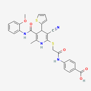molecular formula C28H24N4O5S2 B2480974 4-(2-((3-Cyano-5-((2-methoxyphenyl)carbamoyl)-6-methyl-4-(thiophen-2-yl)-1,4-dihydropyridin-2-yl)thio)acetamido)benzoic acid CAS No. 380461-78-9