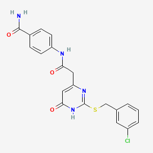 molecular formula C20H17ClN4O3S B2481030 4-(2-(2-((3-Chlorbenzyl)thio)-6-oxo-1,6-dihydropyrimidin-4-yl)acetamido)benzamid CAS No. 1105239-56-2