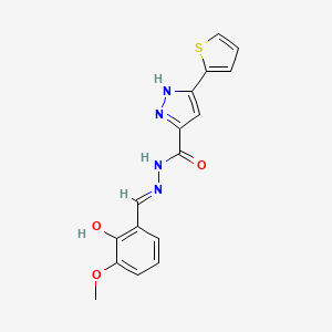 molecular formula C16H14N4O3S B2481109 (E)-N'-(2-hydroxy-3-methoxybenzylidene)-3-(thiophen-2-yl)-1H-pyrazole-5-carbohydrazide CAS No. 1285536-79-9