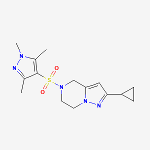 molecular formula C15H21N5O2S B2481117 2-cyclopropyl-5-((1,3,5-trimethyl-1H-pyrazol-4-yl)sulfonyl)-4,5,6,7-tetrahydropyrazolo[1,5-a]pyrazine CAS No. 2034294-55-6