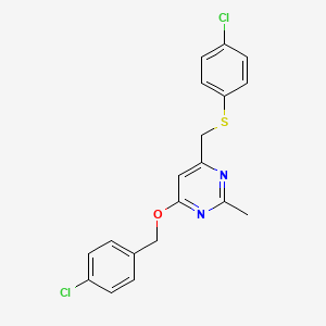 molecular formula C19H16Cl2N2OS B2481183 4-((4-Chlorobenzyl)oxy)-6-(((4-chlorophenyl)sulfanyl)methyl)-2-methylpyrimidine CAS No. 338960-40-0