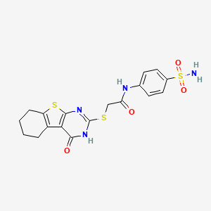molecular formula C18H18N4O4S3 B2481195 2-[(4-hydroxy-5,6,7,8-tetrahydro[1]benzothieno[2,3-d]pyrimidin-2-yl)sulfanyl]-N-(4-sulfamoylphenyl)acetamide CAS No. 496028-98-9