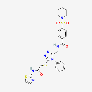 N-((5-((2-oxo-2-(thiazol-2-ylamino)ethyl)thio)-4-phenyl-4H-1,2,4-triazol-3-yl)methyl)-4-(piperidin-1-ylsulfonyl)benzamide