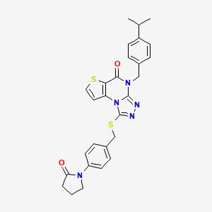 molecular formula C28H27N5O2S2 B2481242 4-(4-isopropylbenzyl)-1-((4-(2-oxopyrrolidin-1-yl)benzyl)thio)thieno[2,3-e][1,2,4]triazolo[4,3-a]pyrimidin-5(4H)-one CAS No. 1185025-34-6