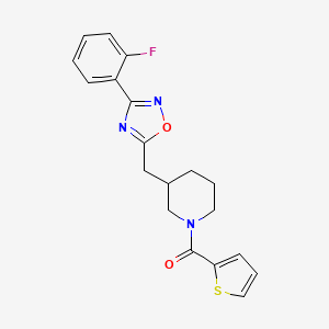 molecular formula C19H18FN3O2S B2481296 (3-((3-(2-Fluorophenyl)-1,2,4-oxadiazol-5-yl)methyl)piperidin-1-yl)(thiophen-2-yl)methanone CAS No. 1706100-14-2