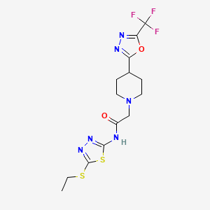 molecular formula C14H17F3N6O2S2 B2481353 N-(5-(乙硫基)-1,3,4-噻二唑-2-基)-2-(4-(5-(三氟甲基)-1,3,4-噁二唑-2-基)哌啶-1-基)乙酰胺 CAS No. 1396861-93-0