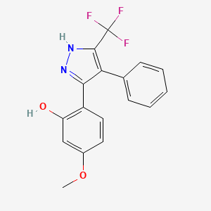 molecular formula C17H13F3N2O2 B2481381 5-methoxy-2-(4-phenyl-5-(trifluoromethyl)-1H-pyrazol-3-yl)phenol CAS No. 1187875-30-4