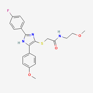 molecular formula C21H22FN3O3S B2481400 2-{[2-(4-フルオロフェニル)-5-(4-メトキシフェニル)-1H-イミダゾール-4-イル]スルファニル}-N-(2-メトキシエチル)アセトアミド CAS No. 901240-64-0