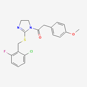 molecular formula C19H18ClFN2O2S B2481407 1-[2-[(2-Chloro-6-fluorophenyl)methylsulfanyl]-4,5-dihydroimidazol-1-yl]-2-(4-methoxyphenyl)ethanone CAS No. 851802-96-5