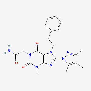 molecular formula C22H25N7O3 B2481416 2-[3-methyl-2,6-dioxo-7-(2-phenylethyl)-8-(3,4,5-trimethyl-1H-pyrazol-1-yl)-2,3,6,7-tetrahydro-1H-purin-1-yl]acetamide CAS No. 1014070-98-4