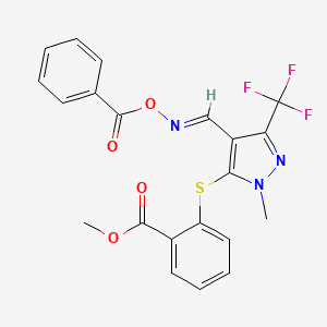 molecular formula C21H16F3N3O4S B2481439 methyl 2-{[4-{[(benzoyloxy)imino]methyl}-1-methyl-3-(trifluoromethyl)-1H-pyrazol-5-yl]sulfanyl}benzenecarboxylate CAS No. 318238-29-8