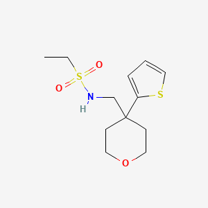 molecular formula C12H19NO3S2 B2481457 N-{[4-(tiofen-2-il)oxan-4-il]metil}etano-1-sulfonamida CAS No. 1209574-36-6