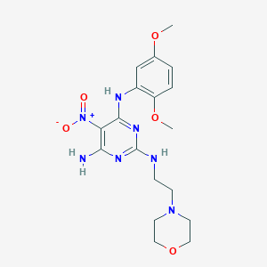 molecular formula C18H25N7O5 B2481469 N4-(2,5-二甲氧基苯基)-N2-[2-(吗啉-4-基)乙基]-5-硝基嘧啶-2,4,6-三胺 CAS No. 673445-84-6