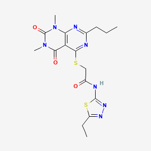 molecular formula C17H21N7O3S2 B2481515 2-((6,8-dimethyl-5,7-dioxo-2-propyl-5,6,7,8-tetrahydropyrimido[4,5-d]pyrimidin-4-yl)thio)-N-(5-ethyl-1,3,4-thiadiazol-2-yl)acetamide CAS No. 887882-41-9