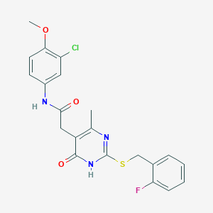 molecular formula C21H19ClFN3O3S B2481600 N-(3-chloro-4-methoxyphenyl)-2-(2-((2-fluorobenzyl)thio)-4-methyl-6-oxo-1,6-dihydropyrimidin-5-yl)acetamide CAS No. 1105245-72-4