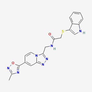 molecular formula C20H17N7O2S B2481615 2-((1H-indol-3-yl)thio)-N-((7-(3-methyl-1,2,4-oxadiazol-5-yl)-[1,2,4]triazolo[4,3-a]pyridin-3-yl)methyl)acetamide CAS No. 2034530-77-1