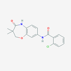 molecular formula C18H17ClN2O3 B2481656 N-(8-benzoyl-3,3-diméthyl-4-oxo-2,3,4,5-tétrahydrobenzo[b][1,4]oxazépin-8-yl)-2-chlorobenzamide CAS No. 921584-31-8