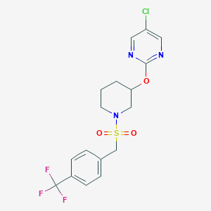 molecular formula C17H17ClF3N3O3S B2481693 5-Chloro-2-((1-((4-(trifluoromethyl)benzyl)sulfonyl)piperidin-3-yl)oxy)pyrimidine CAS No. 2034522-82-0
