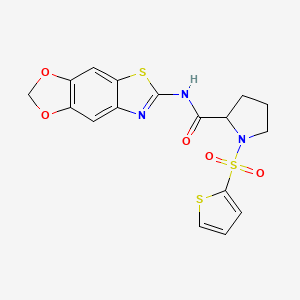 molecular formula C17H15N3O5S3 B2481724 N-([1,3]二氧杂环戊-4',5':4,5苯并[1,2-d]噻唑-6-基)-1-(噻吩-2-基磺酰基)吡咯烷-2-甲酰胺 CAS No. 1098640-70-0