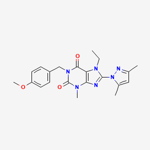molecular formula C21H24N6O3 B2481752 8-(3,5-dimethyl-1H-pyrazol-1-yl)-7-ethyl-1-(4-methoxybenzyl)-3-methyl-1H-purine-2,6(3H,7H)-dione CAS No. 1172287-75-0