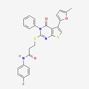 molecular formula C26H20FN3O3S2 B2481786 N-(4-fluorophenyl)-3-[5-(5-methylfuran-2-yl)-4-oxo-3-phenylthieno[2,3-d]pyrimidin-2-yl]sulfanylpropanamide CAS No. 690645-05-7