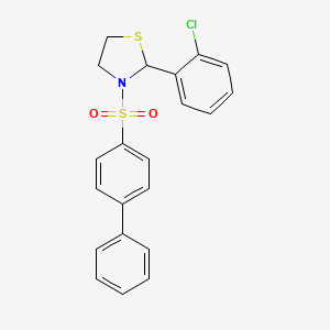 molecular formula C21H18ClNO2S2 B2481794 2-(2-Chlorophenyl)-3-(4-phenylphenyl)sulfonyl-1,3-thiazolidine CAS No. 397284-90-1