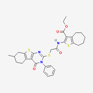 molecular formula C31H33N3O4S3 B2481855 ethyl 2-[[2-[(7-methyl-4-oxo-3-phenyl-5,6,7,8-tetrahydro-[1]benzothiolo[2,3-d]pyrimidin-2-yl)sulfanyl]acetyl]amino]-5,6,7,8-tetrahydro-4H-cyclohepta[b]thiophene-3-carboxylate CAS No. 500113-45-1