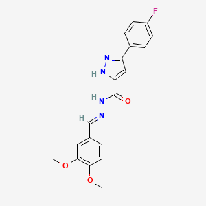 molecular formula C19H17FN4O3 B2481870 (E)-N'-(3,4-dimethoxybenzylidene)-3-(4-fluorophenyl)-1H-pyrazole-5-carbohydrazide CAS No. 403649-80-9