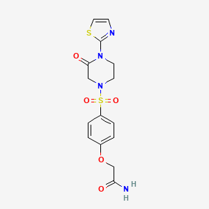 molecular formula C15H16N4O5S2 B2481872 2-(4-((3-Oxo-4-(thiazol-2-yl)piperazin-1-yl)sulfonyl)phenoxy)acetamide CAS No. 2309753-30-6